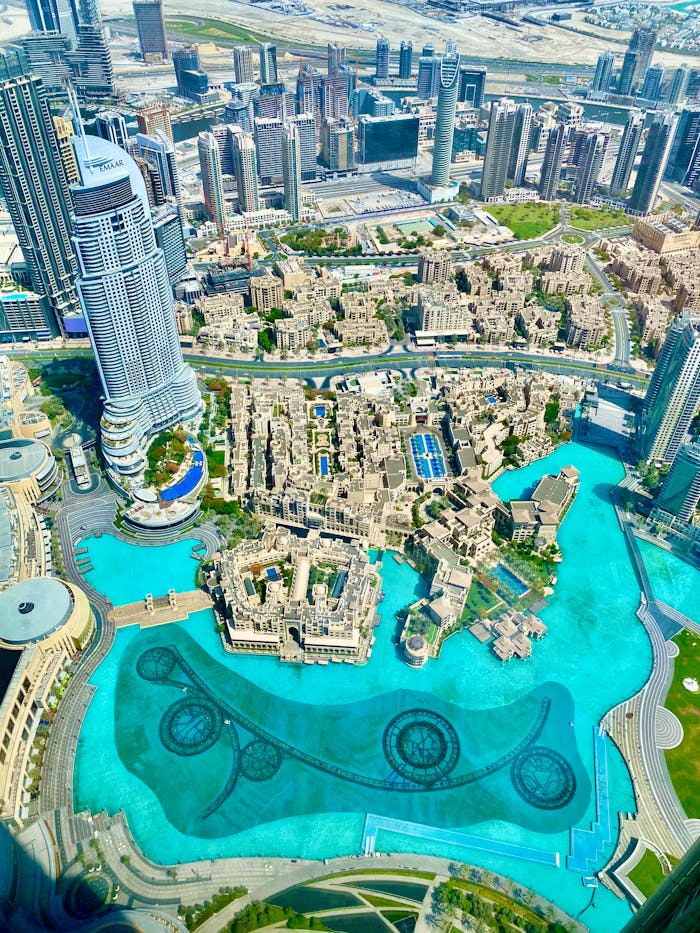 Stunning aerial shot of Dubai featuring the iconic Burj Khalifa and vibrant cityscape.